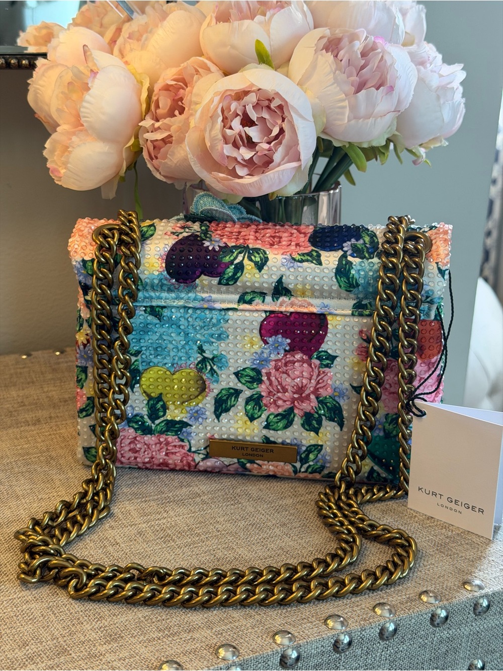 Kurt Geiger Multicolor Beaded Floral Shoulder Bag with Gold Chain - Picture 4 of 11